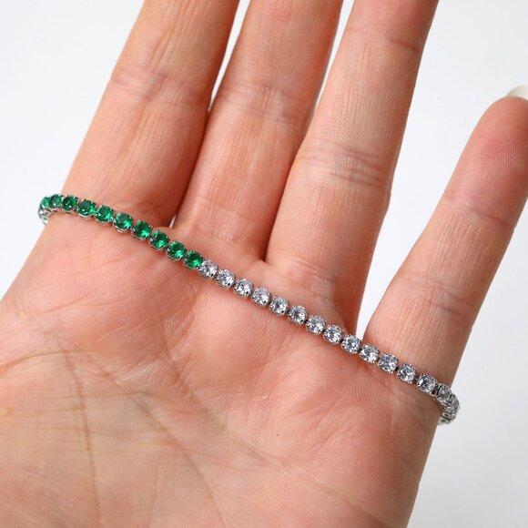 Delicate Green & Clear Rhinestone Tennis Bracelet Gemstones Silvertone - Picture 6 of 7